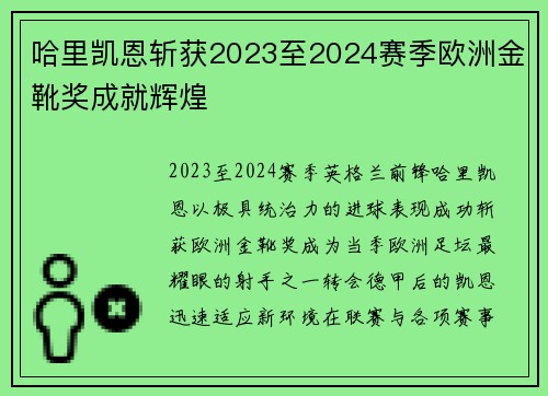哈里凯恩斩获2023至2024赛季欧洲金靴奖成就辉煌